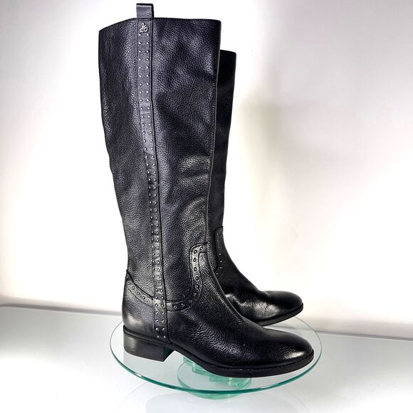 Sam Edelman Prina Studded Riding Leather Boot Black Tall Knee High - Picture 1 of 11